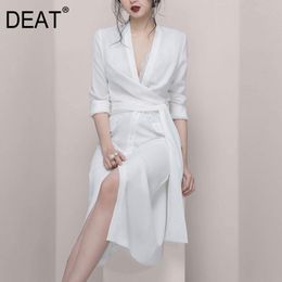 V-neck Long Sleeve Temperament Irregular Lace Up Shirt Skirt Split Sexy Light Mature Dress Spring And Autumn GX1072 210421