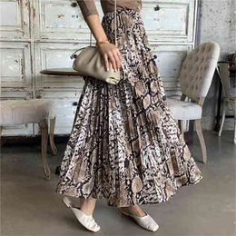 Printed Pleated Women Retro Elegant High Waist Skirt Femme A-line Long Womens Leopard Skirts For Ladies 210408