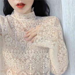 Women Lace Blouse Spring Autumn Fashion Female Casual Turtleneck Bottom Shirts Long Sleeve Bloua Hollow Out Pullover Tops 210423