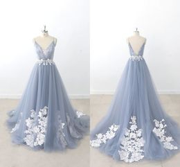 Dusty Blue Long Train Prom Dresses Floral Appliques Lace Pleated Spaghetti V-neck Zipper Special Occasion Formal Dress Evening Gowns Party
