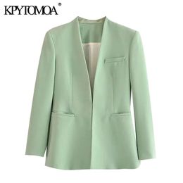 KPYTOMOA Women Fashion Office Wear Collarless Blazer Coat Vintage Long Sleeve Welt Pockets Female Outerwear Chic Veste 211006