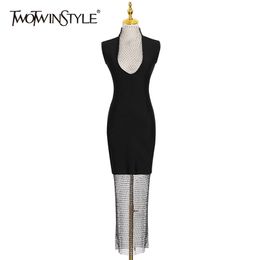 Black Patchwork Diamond Grid Dress For Women Turtleneck Sleeveless High Waist Sexy Slim Dresses Female Fashion 210520