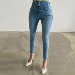 Pencil Pants Elastic Cotton Denim Women Jeans Korean Style Fashion High Waist Single Breasted Slim-Fit 755i 210420