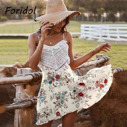 Casual Women Floral Print Summer Dress Backless Crochet White Beach Boho Elegant Chic Mini Vestidos De Mujer 210427