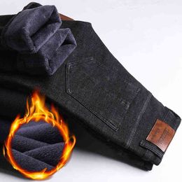 40 42 44 46 Plus Size Fleece Thick Warm Fit Winter Jeans Classic Style Fashion Brand Men's Slim Stretch Pencil Jeans Black G0104