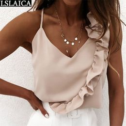 Women Tops And Bloues Solid Spaghetti Strap v-Neck Sexy Tank Ruffles Backless Evening Night Party Femme Shirts Ladies 210515