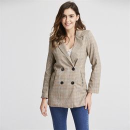 Spring Autumn Women Plaid Blazer Jacket Loose Female OL Casual Double Breasted Jackets Fashion Suits Outwear Coat 210423