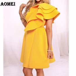 Women Yellow Dress Layer Ruffles Sleeve Ladies Fashion Swing Tunics Lovely Robes Evening Party Cute Girl Dresses Summer Clothing 210416