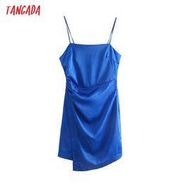 Tangada Women Solid Blue Short Dress Strap Adjust Sleeveless Fashion Lady Elegant Dresses Vestido QD51 210609