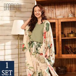 Os pijamas femininos de Bannirou sets 100% Viscose Sleepwear para mulher outono pijama conjunto feminino night ternos pijamas conjuntos 4 peça 210330