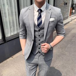 summer wedding suits UK - Plyesxale Summer Suits Men 2021 Wedding Suit For Slim Fit Gray Plaid Formal Dress Jacket Pants Vest Drop Q309 Men's & Blazers