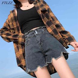 Summer Women High Waist Hole Blue Denim Shorts Casual Female Single Breasted Jeans Vintage Ladies 210430