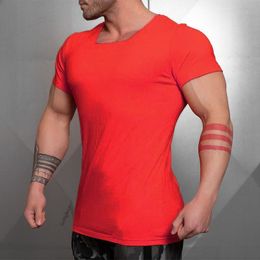 Men's Summer Cotton Pure Colour Square Collar Short Sleeve T-shirt Gym Tshirt Bodybuilding Clothing Fitness Slim Fit Tee Shirt 210421