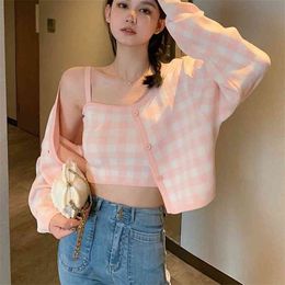 Fashion Pink Plaid Cardigan Sweaters Women Autumn Loose Long Sleeve Tops Chic Korean Camisole 2 Piece Sets Sweet 210519