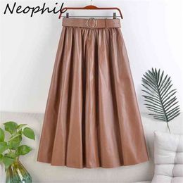 Neophil Winter Women PU Faux Leather Midi Skirts Fashion Vintage Sashes A-Line High Waist Flare Belt Skirt Longa Saia S92N6 210619