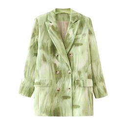 fashion women notched collar blazer office ladies gradient green print jackets casual female pocket suits girls chic 210527