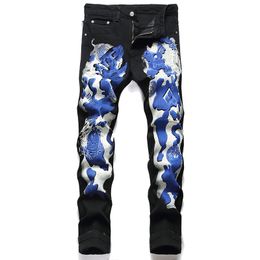 Мода Slim Pattern Pattern Print Black Jeans Streetwear Hip Spans Brand Nightclub Битник Джинсовые брюки Мужская одежда