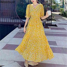 Chiffon Beach Holiday Long Dress Women Summer Floral Printed Short Sleeve V-neck Loose Waist Dresses Elegant Ladies Vestido 210513