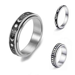 1 PC Titanium Steel Vintage Unisex Stars Moon Spinner Ring Rotate Freely Anxiety Ring Figet Anti Stress Jewelry Gift Accessories G1125