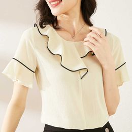 Korean Fashion Women Blouses Woman Chiffon Ruffled Blouse Shirts Solid Top Plus Size Blusas Femininas Elegante 2XL 210531