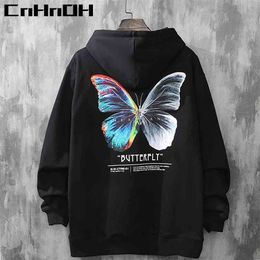 CnHnOH Men Hip Hop Sweatshirt Hoodie Butterfly Streetwear Harajuku Pullover Cotton Fleece Winter Autumn Black 210813