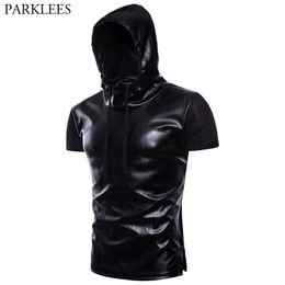 Cool Black Hoodie T Shirt Men Patchwork Pu Leather Fashion Mens Hoodies T Shirts Hip Hop Hipster Nightclub DJ Top Tees Camiseta 210522