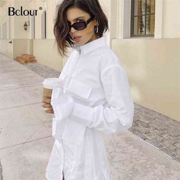 White Short A Line Dress Women New Office Lady Dress Solid Tunic Shirt Dress Female Pocket Cotton Dresses Autumn Green Vestido 210409