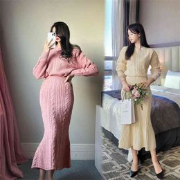 Sweater knitting 2 piece korean Ladies set winter Long SLeeve Pink harajuku Party Suit for women china clothing 210602