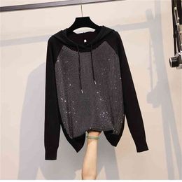 Fashion diamond black sweater spring Harajuku plus size women loose knit top hooded long sleeved clothes big XL 210914