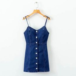 Blue Denim V Neck Sleeveless Sling Sarafan Solid Sheath Single-breasted Jeans Dress D1017 210514