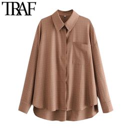 Women Fahsion Oversized Cheque Asymmetric Bloues Vintage Long Sleeve Button-up Female Shirts Blusas Chic Tops 210507
