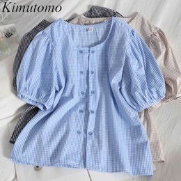 Kimutomo Short Puff Sleeve Blouse Women Fashion Color Contrast Plaid Double Breasted O-neck Shirt Summer Korean Chic 210521