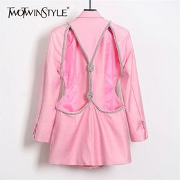 TWOTYLE Sexy Backless Diamond Blazer Tops Female Lapel Collar Long Sleeve Slim Hollow Out Women's Coat Fashion 211006