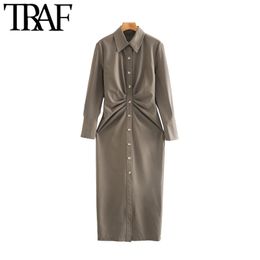 TRAF Women Chic Fashion Pleated Midi Shirt Dress Vintage Long Sleeve Button-up Female Dresses Vestidos Mujer 210415