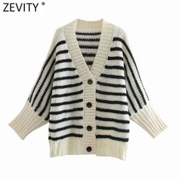 Women Vintage V Neck Striped Cardigan Knitting Sweater Ladies Chic Batwing Sleeve Button Casual Loose Retro Tops S555 210420