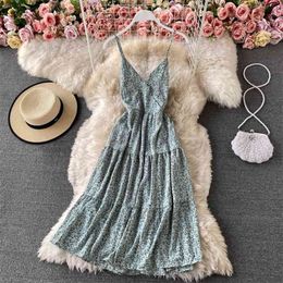 Summer Product Age Reduction Seaside Holiday Halter Strap Vestidos Female Chiffon Floral Midi Dress C872 210506
