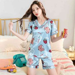 Summer Silk Ice Pajamas Female Cute Japanese Short-sleeved Pullover V-neck Thin Section Pijama Sleepwear 210809