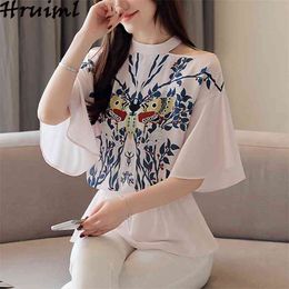 Drop Casual Blouses Flare Sleeve Summer Office Lady Elegant Shirt Fashion Femme Off Shoulder 210513