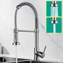 Brushed Brass Nickel and Cold Kitchen Sink Faucets 360 Rotation Single Lever Pull Out Spring Spout Water Mixers Tap Crane 210724