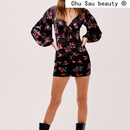 Moda Donna Summer Party Style Stampa floreale Mini abito da donna Casual Profondo scollo a V Abiti a maniche lunghe Donna Abiti 210508