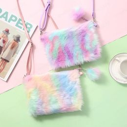 Cute Kids Rainbow Purses and Handbags Kawaii Girls Plush Crossbody Bags for Women Faux Fur Small Wallet Ladies Coin Bag