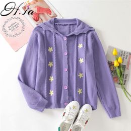 HSA Autumn Female Cardigan Long Sleeve Navy Collar Button Kawaii Floral Embroidered Harajuku Women Sweater 210417