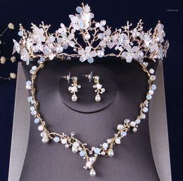 Earrings & Necklace Baroque Retro Gold Crystal Beads Pearl Butterfly Jewelry Sets Rhinestone Choker Earring Tiara Wedding Dubai Set