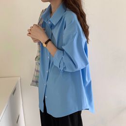Korean Stylish Lapel OL All Match Gentle Shirts Oversize Office Lady Loose Minimalist Solid Brief Chic Tops 210421