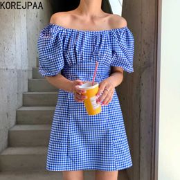 Korejpaa Women Dress Summer Korean Chic Temperament One-Word Collar Leaky Shoulder Two-Wear Puff Sleeve Plaid Vestidos 210526