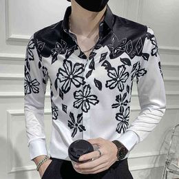 Black White Flower Patchwork Print Shirt Men Camisa Slim Fit Masculina Social Formal Shirt For Men Korean Prom Club Outfit Shirt G0105