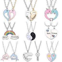 2 Pc Fashion Trendy Best Friends Honey Love Couple Pendant Necklace Rainbow Broken Heart For Women Chain BFF Friendship Jewellery G1206