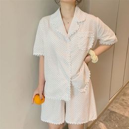 QWEEK Polka Dot Sleepwear Korean Home Suit Summer Pyjamas for Women Lace Pijamas Short Sleeve Pyjamas 2 Piece Set Nightwear 210809