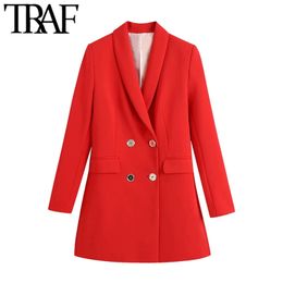 TRAF Women Fashion Office Wear Double Breasted Blazer Coat Vintage Long Sleeve Flap Pockets Female Outerwear Chic Veste 211006