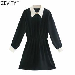 Zevity Women Fashion White Collar Patchwork Black Mini Dress Office Ladies Long Sleeve Buttons Chic Business Vestido DS4732 210603